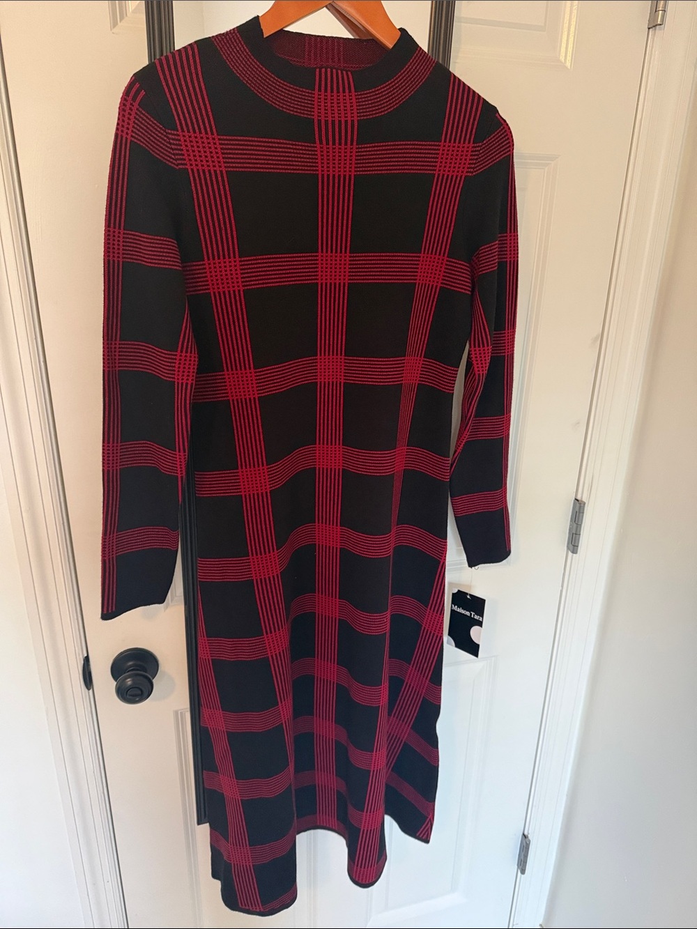 Maison Tara Black and Red Plaid Midi Dress
